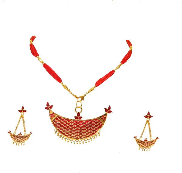 Assamese_Traditional_Gold_Plated_Red_Colour_Joonbiri_Tassel_Jewellery_Set_For_Women